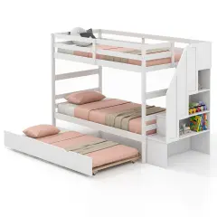 Twin Bunk Bed with Guard Rail and 4-Step Storage Stairs No Box Spring Needed White