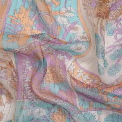 1 Yard Orchid Creamsicle Blue Floral Patchwork Metallic Pinstripe Silk Chiffon, 55 Inches Wide