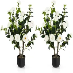 2pcs 38" Artificial Camellia Tree Flower Plant in Yellow Cement White