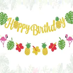 Hawaiian Happy Birthday Banner, Glitter Luau Birthday Party Decorations with Flamingo Pineapple Palm Leaves Flower Garland Hawaiian Banner Aloha Summer Themed Party Decorations for Birthday Decor