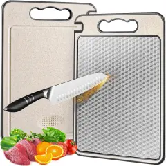 Stainless Steel Cutting Board for Kitchen, Non Toxic Large Chopping Board Double Sided Non-slip Scratch-resistant Mesh Design with Juice Groove Food-Grade Wheat Straw PP 15&times;10 In Easy to Clean