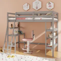 Twin Loft Bed with Desk and Bookshelves for Kids and Teens Gray