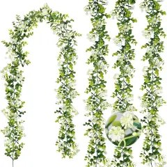 6FT Eucalyptus Garland with Flowers, 4 Pack Greenery Hanging Faux Eucalyptus Garland Suitable for Table Wedding Backdrop Arch Wall Party Spring UV Protected Indoor Outdoor Decorations