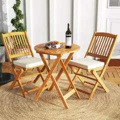3 Pieces Acacia Wood Patio Folding Bistro Set with Soft Cushions and Slatted Backrest Beige
