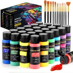 Acrylic Paint Set, 24 Colors (2 oz/Bottle) with 12 Art Brushes, Art Supplies