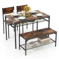 Wood Industrial Rectangular Dining Table with Bench and Metal Chairs Rustic Brown