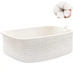 Rope Basket, Small Storage Gift Basket, Rectangle Under Shelf Basket, Decorative Boho White Rope Woven Basket with Handle for Dog Toy Egg Fruit Snack Towel Easter