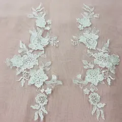 1 Pair 3D Floral Lace Applique Embroidered on 100% Polyester Net Mesh 12" x 4" Each Side Ivory