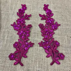 1 Pair Beaded & Corded Floral Lace Applique 10" x 2" Each Side Magenta Color