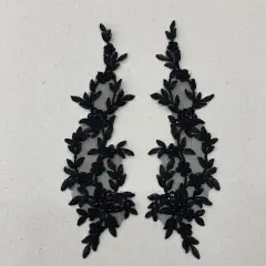 1 Pair Beaded & Corded Floral Lace Applique 13" x 4" Each Side Black