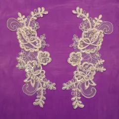 1 Pair Beaded & Corded Lace Applique Embroidered on 100% Polyester Organza 7.5" x 2.75" Each Side White