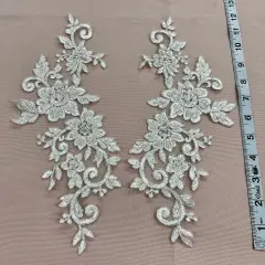 1 Pair Beaded & Corded Floral Lace Applique 100% Polyester Net Mesh 12.5" x 5" Each Side Ivory/Silver
