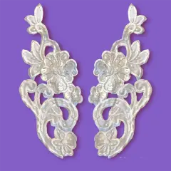 1 Pair Beaded Lace Applique Embroidered on 100% Polyester Satin 9.25" x 3.75" Each Side Ivory