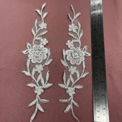1 Pair Beaded & Corded Lace Applique Embroidered on 100% Polyester Organza 10" x 2" Each Side Antique Silver