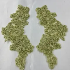 1 Pair 9" x 3" Each Side Beaded & Corded Floral Lace Applique Organza Sage Color