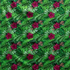 1 Yard Hibiscus Plumeria Tropical Leaves All Over Design Cotton Fabric, 100% Cotton, 36in L x 45in W Green