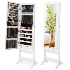 Lockable Freestanding Jewelry Cabinet Armoire with Full-Length Mirror and Lights White
