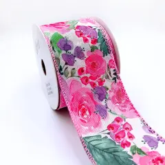 Designer's Shop WR 63-5200 Spring Summer Pink Rose, Red / Purple small floral and green leaf on white burlap wired edge ribbons, 2.5" x 10 yards