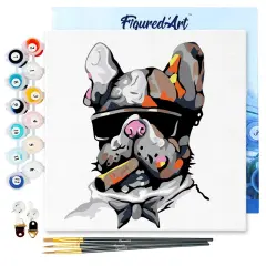 Figured'Art Mini Paint by Numbers Kit for Adults with Frame Dog Businessman Small format 8"x8" - Craft Art Painting DIY Canvas Already Stretched on a Wooden Frame