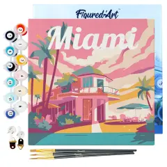 Figured'Art Mini Paint by Numbers Kit for Adults with Frame Travel Poster Miami Small format 8"x8" - Craft Art Painting DIY Canvas Already Stretched on a Wooden Frame