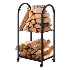 2-Tier Firewood Rack with Wheels & Hooks &ndash; Indoor/Outdoor Log Holder for Fireplace, Patio, Hearth | Heavy-Duty Black Steel Storage (20.5&rdquo;x12.6&rdquo;x33.5&rdquo;)