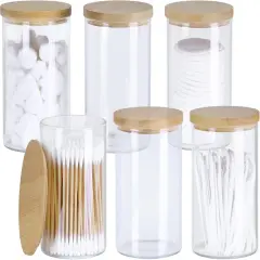 6 Pack Glass Qtip Holder, Apothecary Jars with Lids Bamboo, Bathroom Organizers and Storage for Cotton Ball Round Swab Pad Floss Picks, Bathroom Decor for Vanity Accessories