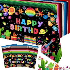 3 Pcs Mexican Fiesta Birthday Party Tablecloth Decorations Plastic Cinco De Mayo Printed Table Cloth Table Cover for Fiesta Taco Happy Birthday Decorations