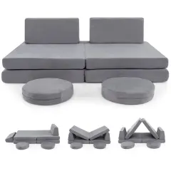 Grey 6 Pieces Modular Kids Play Couch Set with Velvet Covers Perfect Gift for Creative Kids