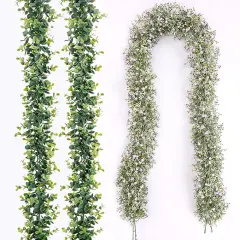 4PCS Faux Eucalyptus Garland Plant, Artificial Baby Breath Flower Vines Hanging Leaves Vines Hanging Leaves Greenery Wedding Backdrop Arch Wall Decor, Indoor Outdoor 5.8 Ft（Pink & Green）