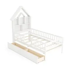 Pine Wood Twin Size Montessori Bed with Storage Drawers, Guardrails and House Design