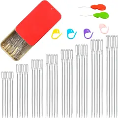 40PCS Large Eye Sewing Needles, 8 Sizes Hand Sewing Sharp Needles, Embroidery Needle, Leather Needle,Stainless Steel Yarn Needles with Threaders & Stitch Markers (Red)