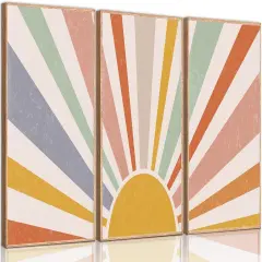 3pcs Summer Boho Canvas Wall Art Rainbow Sun Rising on the Horizon Geometric Nature Illustration Line Pictures Wall Decor Posters Prints for Toddler Kids Room Home Decoration Unframed