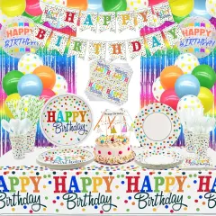 212 PCS Rainbow Party Supplies - Colorful Balloons, Polka Dot Banner, Fringe Curtains, Cake Topper, Plates, Napkins, Cups and Tablecloth for Kid Confetti Sprinkle Party Decorations, Serve 20 Guests