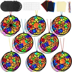 32 Sets Suncatchers Craft Kit DIY Flower Window Stained Glass Effect Paper Summer Home School Classroom Decoration Art Craft Creative Activity Project Kid Gift Favor