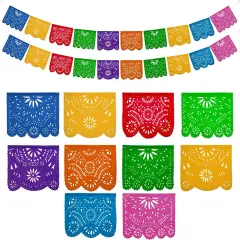 Mexican Party Banners (2 Pack with 10 Plastic Flags per Banner) - Papel Picado Mexicano Para Fiesta - Plastic Papel Picado - Fiesta Themed Party Decorations - Mexican Decor