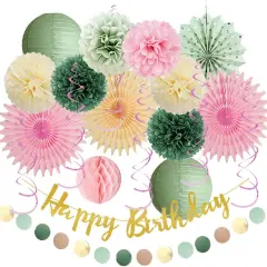 Sage Green and Pink Birthday Decorations for Women Cream Light Pink Paper Fans Tissue Paper Pom Poms Olive Green and Pink Birthday Decorations with Happy Birthday Banner Gold for Girls