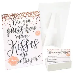 Guess How Many Kisses Bridal Shower Game for 60 Guests for Wedding (1 Rule Board, 60 Guessing Cards) Pink