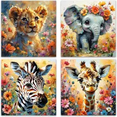 4Pcs DIY Painting by Number Kits 8 x 8 Inch Cute Animal Floral Oil Painting Acrylic Painting by Number for Home Party Wall Decor
