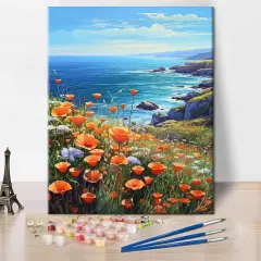 Paint by Number for Adults Flowers Sea Landscape Paint-by-Number Kits Poppies Ocean Kids Adult Paint by Number Sea View DIY Painting by Numbers for Adults Canvas Arts Craft, 16"x20"