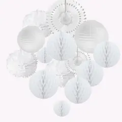 14 PCS White Honeycomb Decorations Paper Lanterns Party Decoration Kit Hanging Tissue Pom Poms Flowers White Paper Fans for Wedding Engagement Birthday Baby Bridal Shower Party Decoration Easy Joy