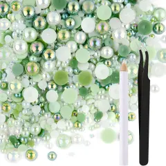 50g Mix Flatback Rhinestones Half Pearls for Crafts Mixed Size 3mm-10mm Flat Back Rhinestones for Crafts Flatback Pearls for DIY Tumblers Mugs Nail Art Shoes Clothes (Fresh Green Series)