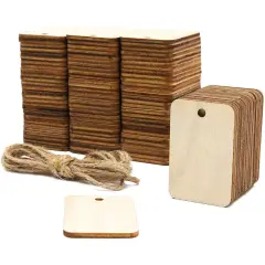 100pcs Unfinished Wood Gift Tags, 1.3" x 2" Rectangle Shaped Hanging Wood Cutouts with Hemp Rope for DIY Craft Projects Brown
