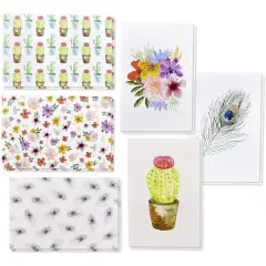 48-Pack All Occasions Cards with Envelopes, 6 Watercolor Floral Peacock Feather Designs, Blank Insides for Anytime, Birthdays, Wedding, 4x6 Multicolor