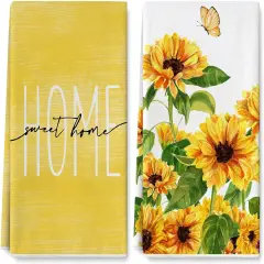 Sunflower Kitchen Towel Home Sweet Home Floral Dish Towel Spring Summer Flower Butterfly Hand Drying Tea Towel for Seasonal Cooking Baking Cleaning, 18 x 28 Inch, 2 Packs