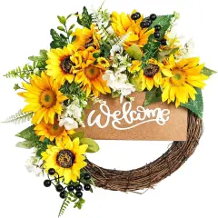 15&ldquo; Sunflower Summer Floral Wreath for Front Door with Welcome Sign,Sunflower Daisy Yellow Summer Wreath for Door Wall Front Porch Home Decoration Outdoor