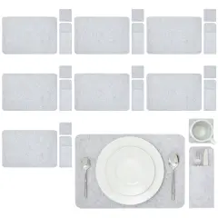 Felt Table Placemats Set of 8 for Dining Table and Kitchen Decor with Drink Coasters and Cutlery Pouches (Light Gray, 24 Pieces) Grey