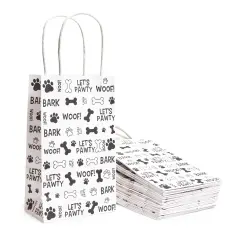 24 Pack Paw Print Gift Bags with Handles For Goodies, Party Favors, Let's Pawty Party Decorations (5.3 x 3.2 x 9 In) White
