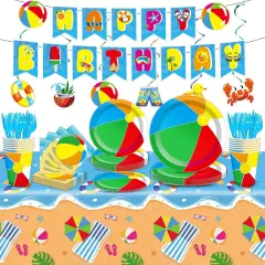 184pcs Summer Beach Ball Party Supplies Set Includes Plates Napkins Cups Tablecloth Swirls Banner Tableware Kit Dispose Summer Pool Birthday Decorations