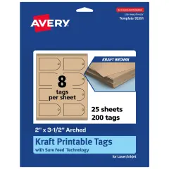 Avery Printable Arched Printable Tags, Sure Feed Technology, 2" x 3-1/2", Matte Kraft Brown Cardstock, Print-to-The-Edge, Laser/Inkjet Printable, 80 Total
