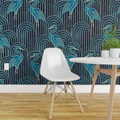 Peel & Stick Wallpaper 2FT Wide Teal Crane Bold Large Scale Art Deco Blue Birds Modern Watercolor Arches Custom Removable Wallpaper by Spoonflower